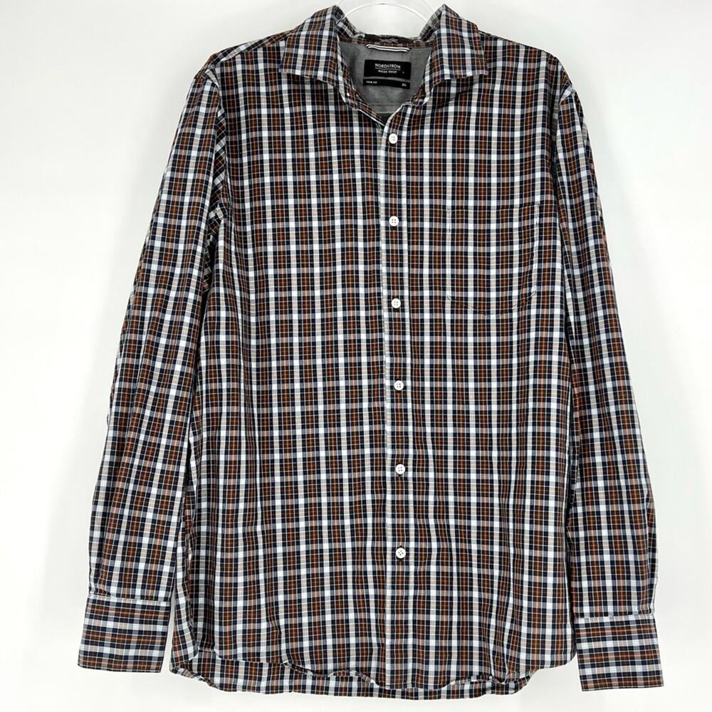 Nordstrom Mens Shop Trim Fit Plaid Button Down Navy‎ Orange XL